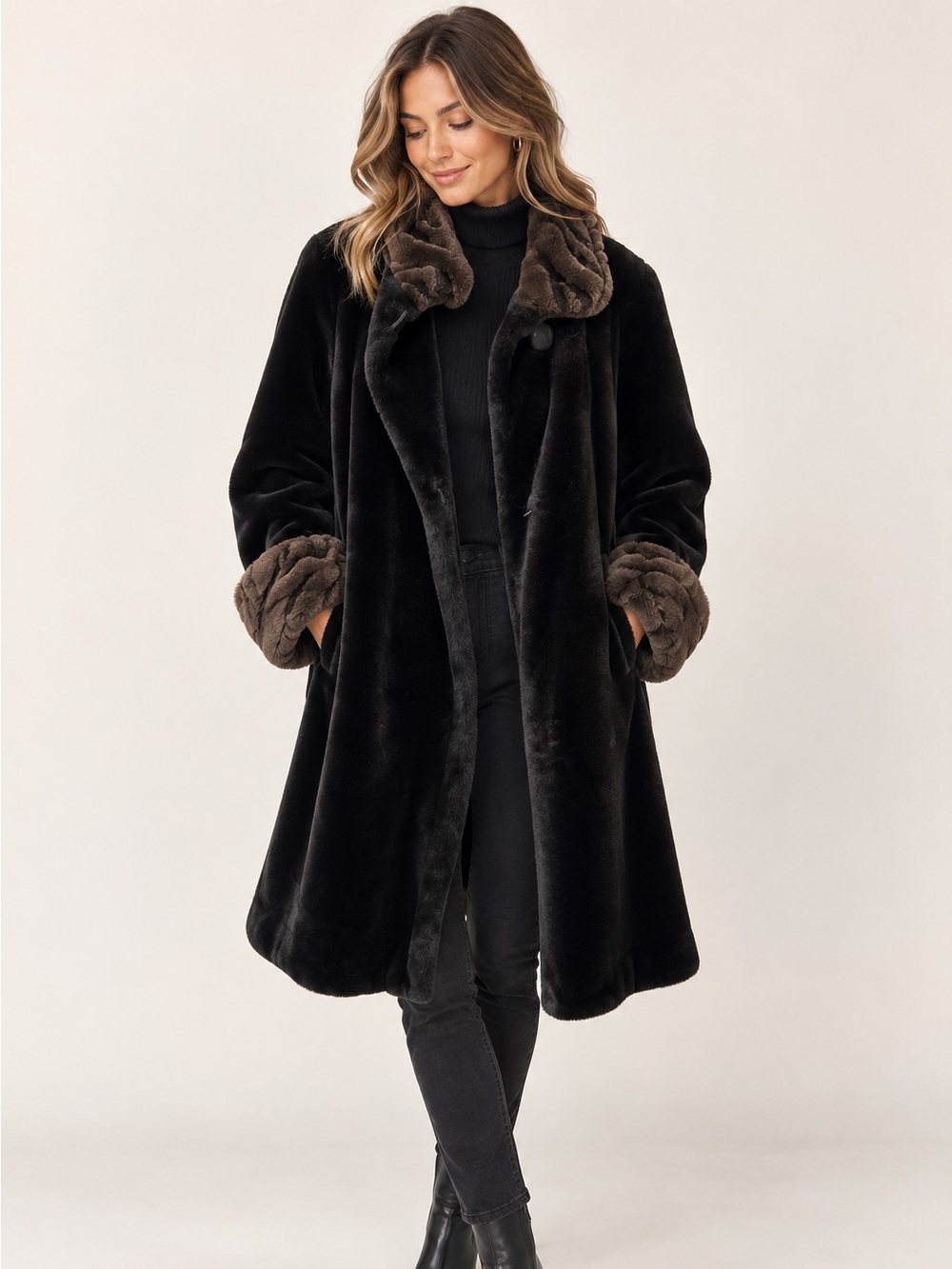 Furrocious by Princess Garment Black Faux Fur Coat Brown Trim Made in Canada